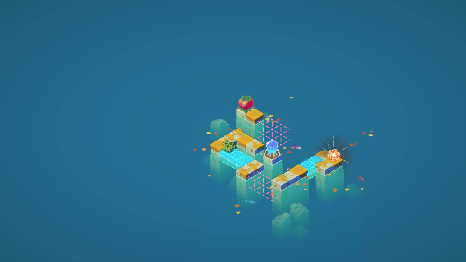 A bright seasonal FROGBLOCK puzzle stage with warm colors and floating structures