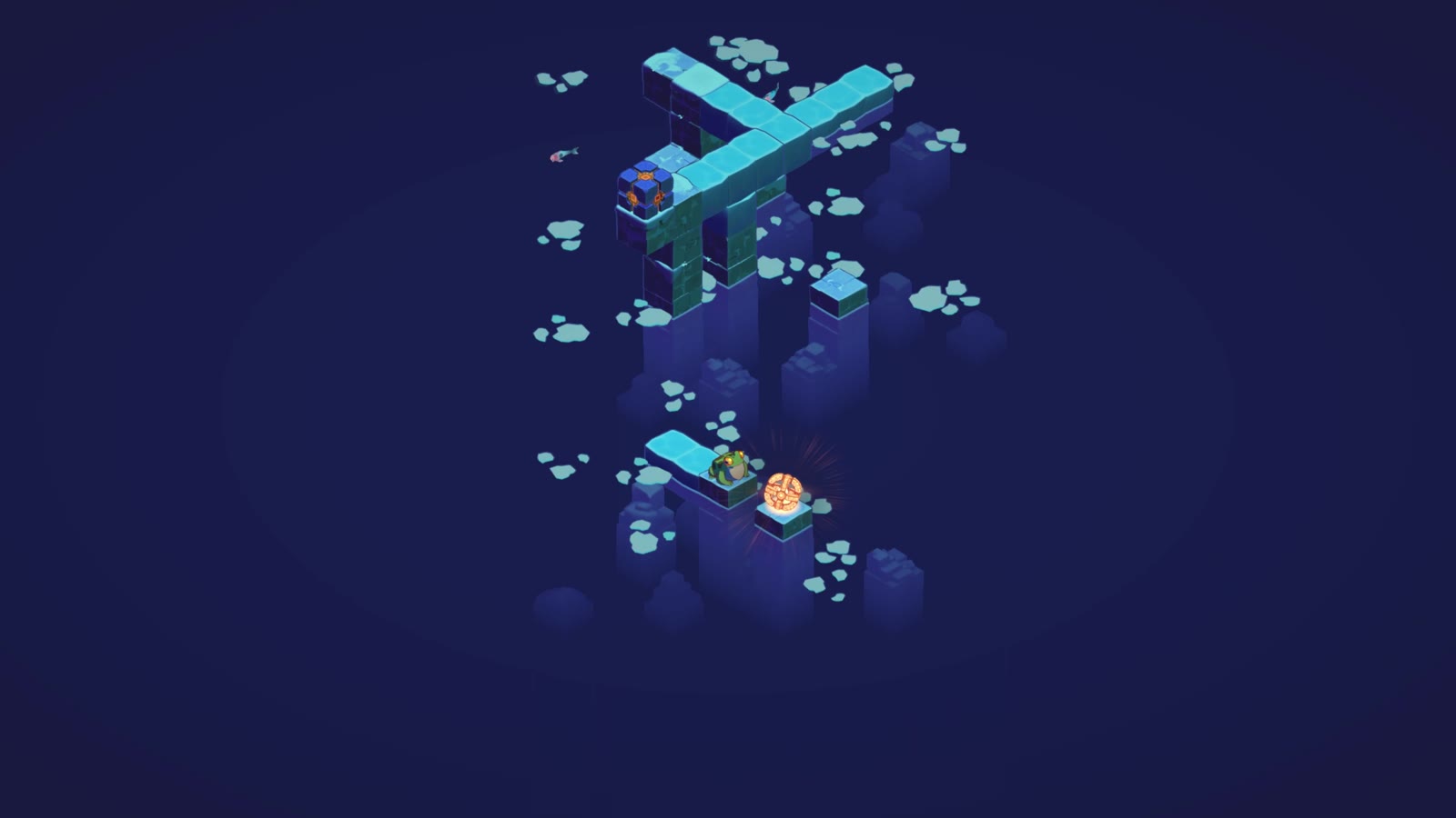 A vertical endgame-style FROGBLOCK puzzle stage with the frog climbing toward the goal