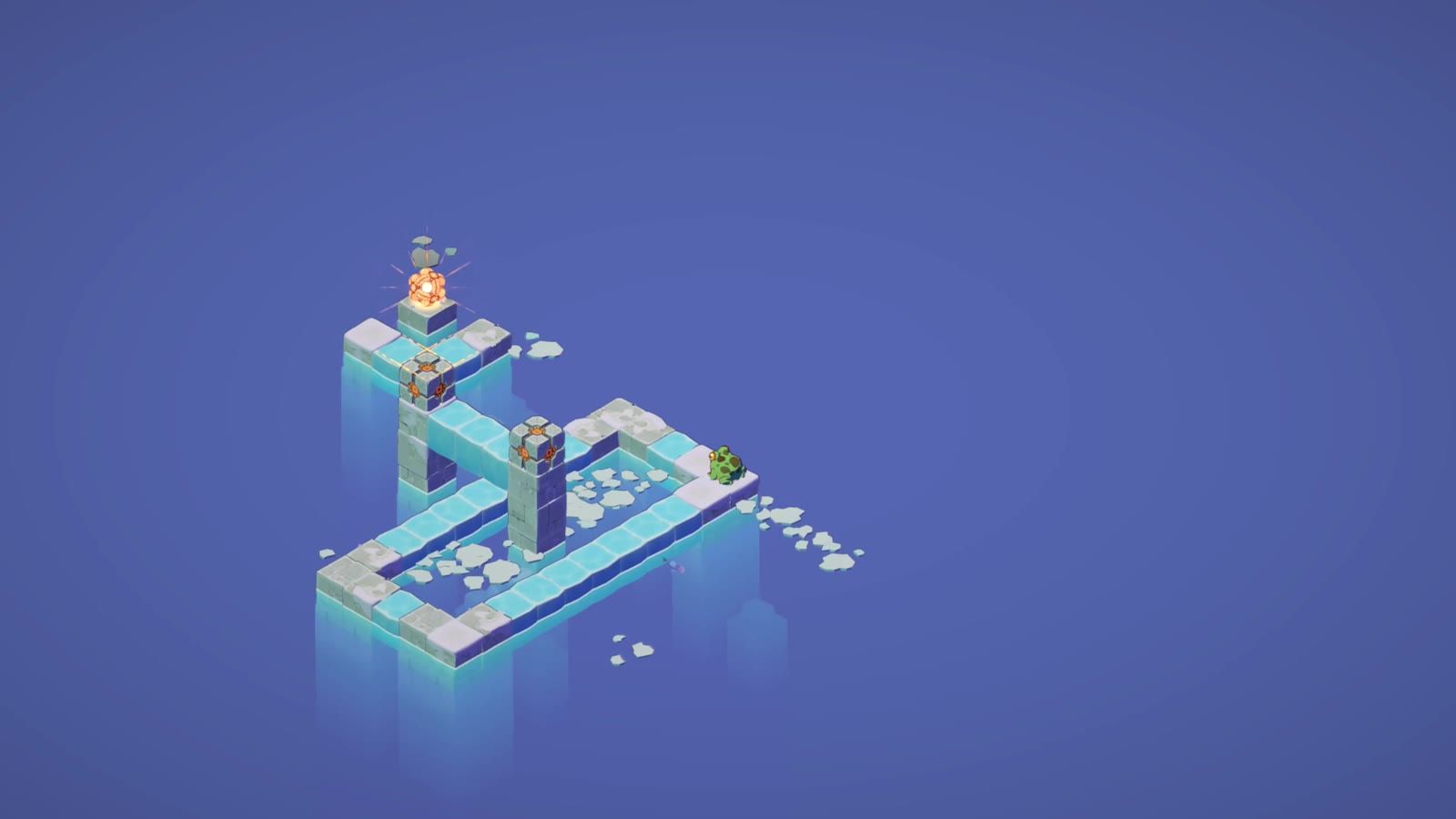A cool-toned FROGBLOCK stage with icy blue blocks and the frog near the puzzle goal